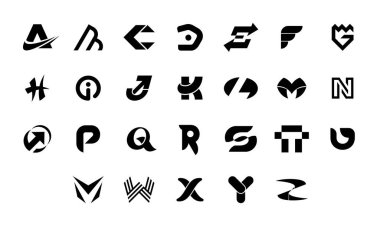 A 'dan Z' ye harf koleksiyonu. Geometrik soyut logolar. Soyut yazı tipi ve alfabe. Beyaz arkaplanda izole