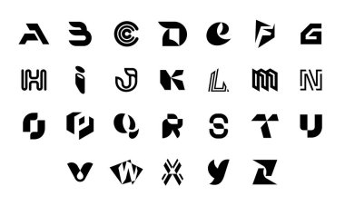 A 'dan Z' ye harf koleksiyonu. Geometrik soyut logolar. Soyut yazı tipi ve alfabe. Beyaz arkaplanda izole