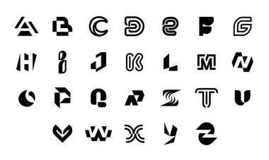 A 'dan Z' ye harf koleksiyonu. Geometrik soyut logolar. Soyut yazı tipi ve alfabe. Beyaz arkaplanda izole