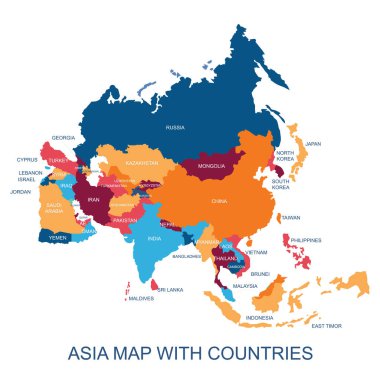 Web sitesi, şablon, duvar kağıdı, broşür, broşür, broşür, broşür, broşür, broşür, afiş, sunum, projeler için, ülke adı ve sınırlarıyla birlikte kıta Asya haritasının vektör ilülasyon tasarımı