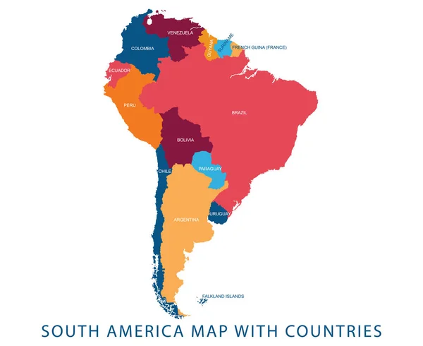 Illustration Vectorielle Continent Amérique Sud Carte Avec Nom Frontière Des — Image vectorielle