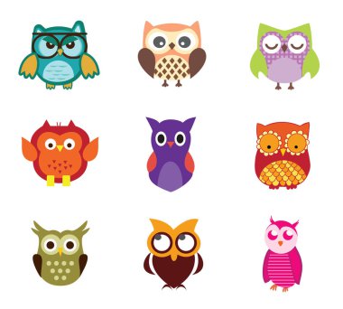 Retro dekoratif renkli soyut baykuş koleksiyonu. Karmaşık vektör ve illüstrasyon tasarım seti. Çizgi roman için kullan., duvar kağıdı, durağan, sanat, tebrik kartı, arka plan, şablon, arkaplan.