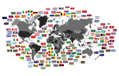 Tüm ulusal bayrakların soyut dünya haritası ve isimleriyle toplanması. Vektör illüstrasyon simgeleri dizayn edildi. Web sitesi, şablon, duvar kağıdı, arkaplan, broşür, broşür, broşür.