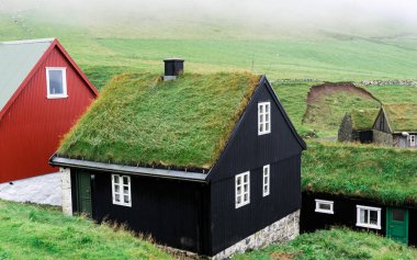 Faroe Adaları'çim ile tipik evler çatı