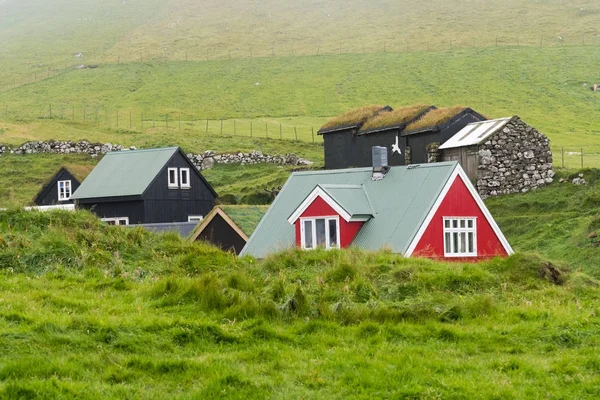 Faroe Adaları'çim ile tipik evler çatı