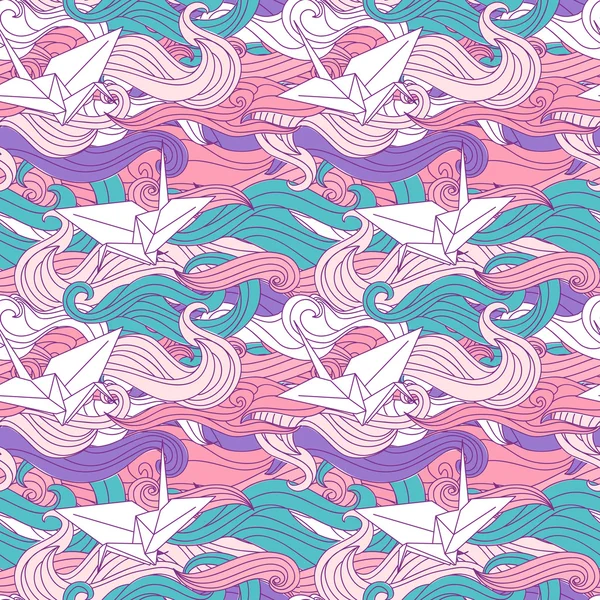 折纸鹤与抽象波无缝模式 — 图库矢量图片
