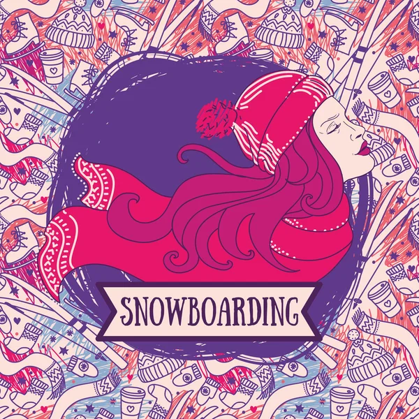 Cartaz para snowboard com mulher bonita — Vetor de Stock