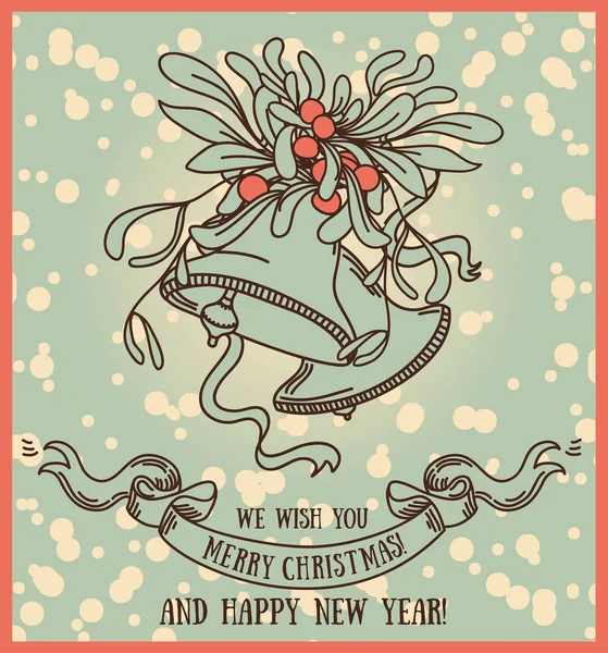 Linda tarjeta de felicitación con campanas de Navidad y muérdago — Archivo Imágenes Vectoriales