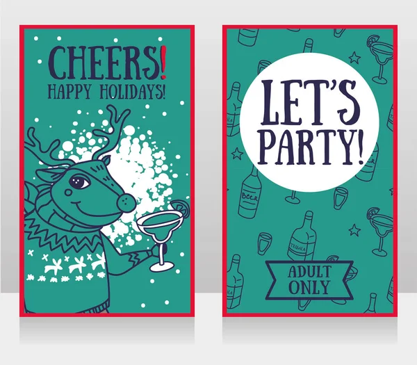 Шаблоны для приглашений на вечеринки, рождественский олень, пьющий алкоголь — стоковый вектор