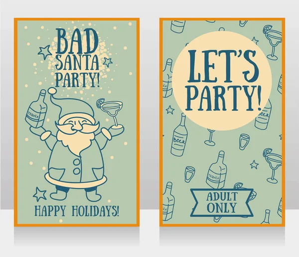 Templates for party banner, cartoon santa with tequila and margarita in his hands — Stock Vector