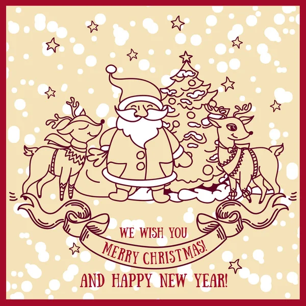 Carte de dessin animé mignon pour Noël avec le père Noël souriant et les cerfs de Noël — Image vectorielle