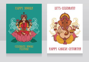 Lord Ganesha ve Hint Tanrıçalarına Lakshmi oturan ile iki kart