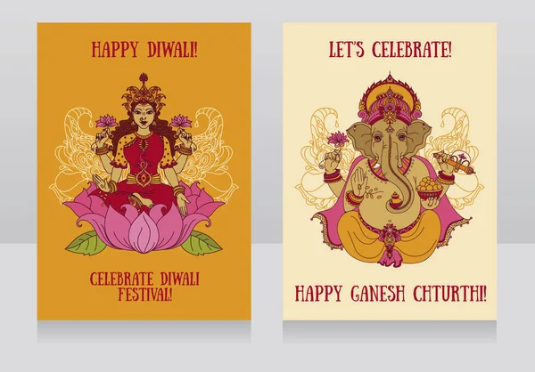 Two cards with sitting Lord Ganesha and indian goddes Lakshmi — Stock Vector