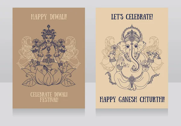 Zwei Karten mit sitzendem Lord Ganesha und indischen Göttern lakshmi — Stockvektor