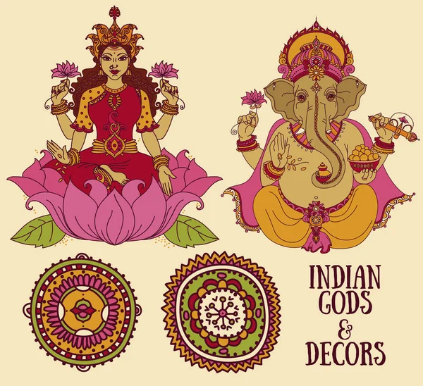Senhor Ganesha e deusas indianas Lakshmi — Vetor de Stock