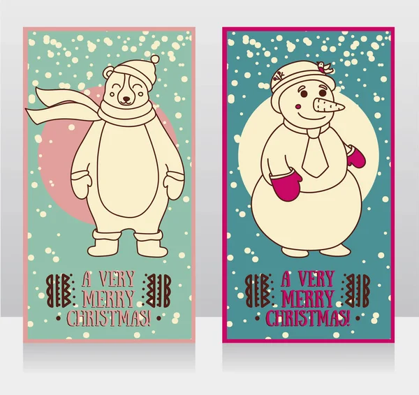 Söt kort till jul med leende björnen och snögubbe — Stock vektor