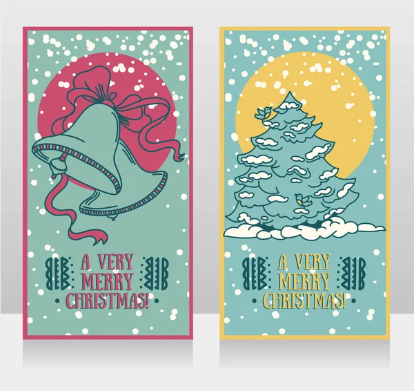 Tarjetas lindas para Navidad con campanas y árbol de Navidad — Vector de stock