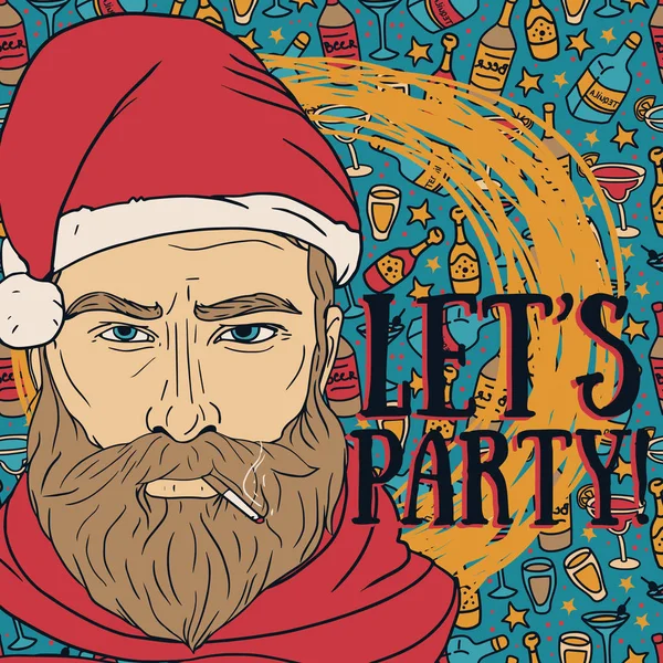 Party-Plakat mit schlechtem Weihnachtsmann und Alkoholmuster — Stockvektor