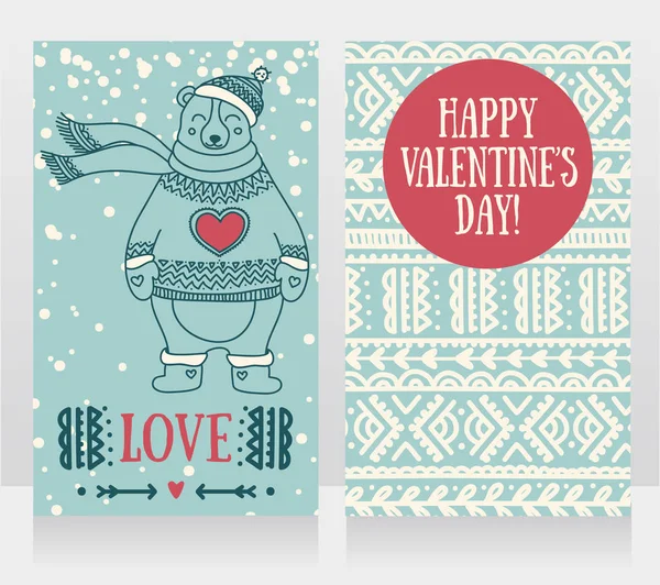 Dois cartões bonitos para o dia dos namorados com urso sorridente — Vetor de Stock