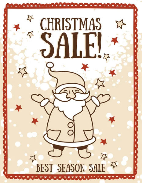 Шаблон для рождественской распродажи плакат с милым счастливым Санта-Клаусом и звезд — стоковый вектор