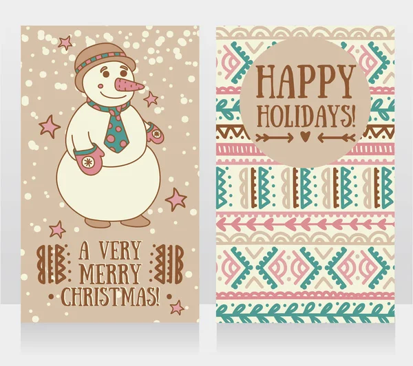 Deux cartes mignonnes pour Noël très joyeux avec bonhomme de neige souriant — Image vectorielle