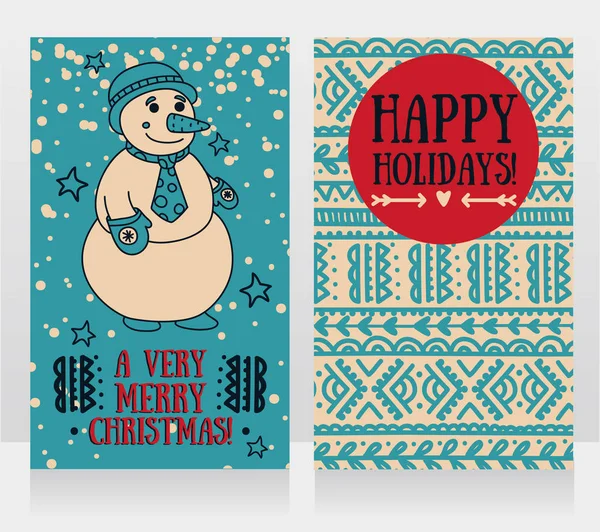 Twee leuke kaarten voor zeer vrolijk kerstfeest met lachende sneeuwpop — Stockvector
