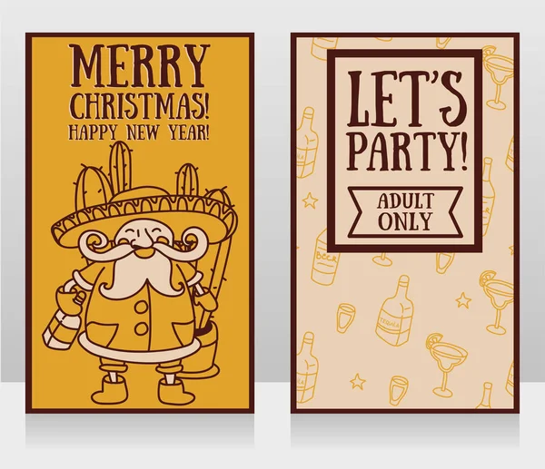 Dois cartazes de festa para o Natal com o bonito Papai Noel em estilo mexicano — Vetor de Stock