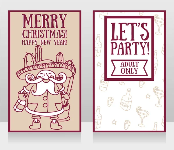 Dos carteles de fiesta para Navidad con Papá Noel lindo en estilo mexicano — Vector de stock