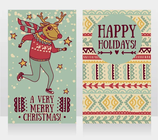 Dos tarjetas lindas para la fiesta de Navidad con ciervo garabato divertido — Vector de stock