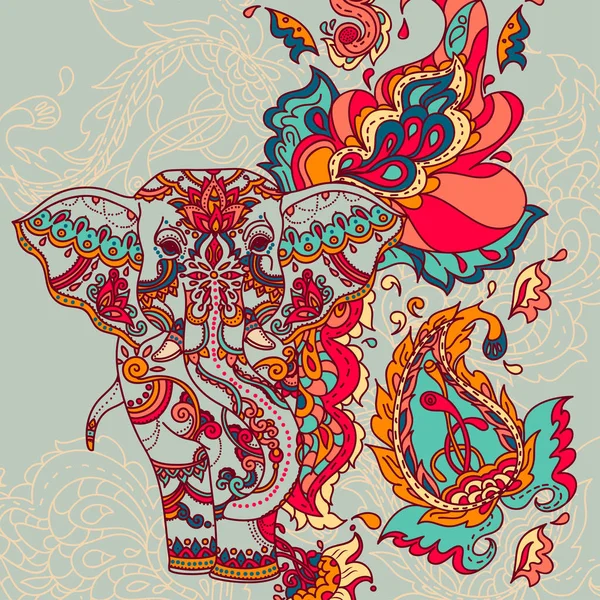 Elefante indio con hermoso ornamento paisley — Vector de stock