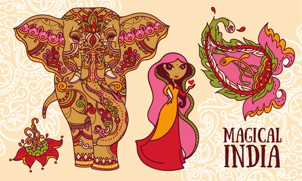 Conjunto de ilustraciones vectoriales para la India mágica — Vector de stock