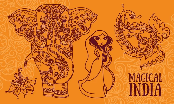 Conjunto de ilustrações vetoriais para a Índia mágica — Vetor de Stock