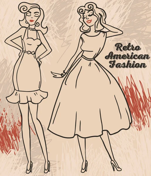 Deux jolies femmes de dessin animé dans le style pin up — Image vectorielle