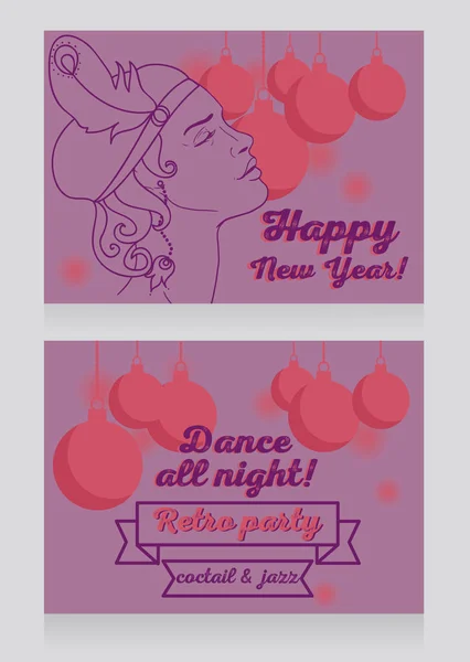 New year party invitation in retro style with beautiful flapper woman profile — Stock Vector