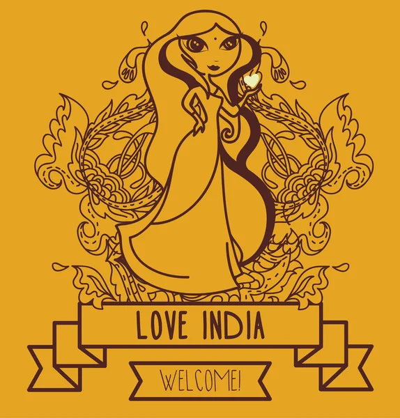 Mignon doodle fille indienne, bannière pour Voyage à l'Inde — Image vectorielle