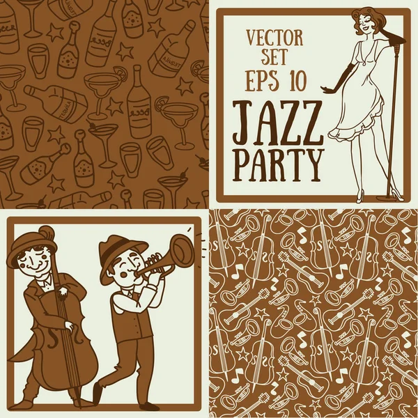 Cute doodle musicians in retro style, jazz or blues music band and seamless patterns for party — Stock Vector