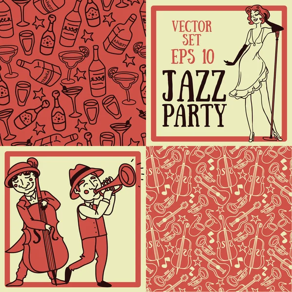 Cute doodle musicians in retro style, jazz or blues music band and seamless patterns for party — Stock Vector