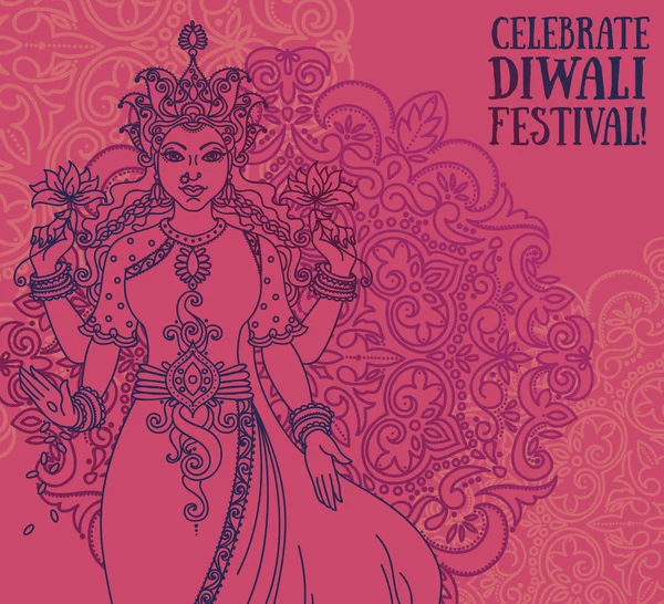 Tarjeta de felicitación para el festival diwali con la diosa india Lakshmi y adorno real — Archivo Imágenes Vectoriales