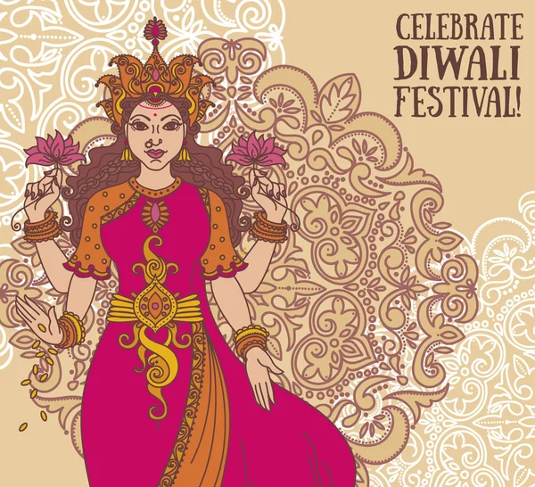 Tarjeta de felicitación para el festival diwali con la diosa india Lakshmi y adorno real — Archivo Imágenes Vectoriales