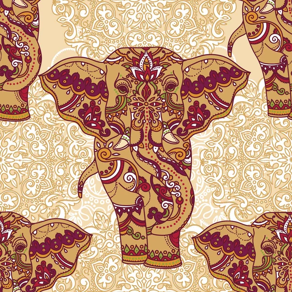 Modello senza cuciture con elefanti indiani e bellissimo ornamento paisley, illustrazione vettoriale — Vettoriale Stock