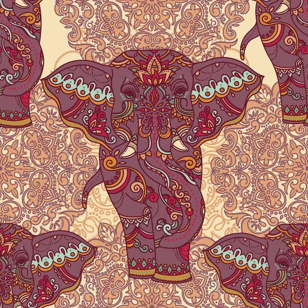 Nahtloses Muster mit indischen Elefanten und schönem Paisley-Ornament, Vektorillustration — Stockvektor