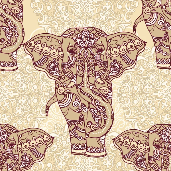Бесшовный рисунок с индийскими слонами и красивым орнаментом из пейсли, векторная иллюстрация — стоковый вектор
