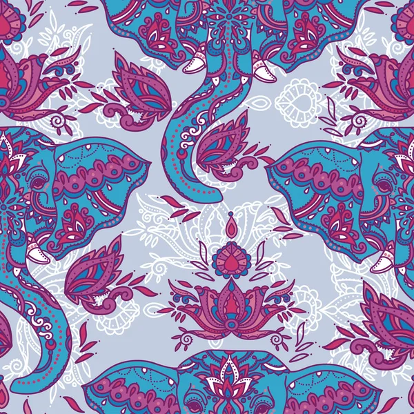 Modèle sans couture avec éléphants indiens et magnifique ornement paisley, illustration vectorielle — Image vectorielle