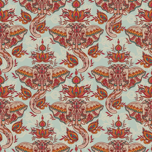 Nahtloses Muster mit indischen Elefanten und schönem Paisley-Ornament, Vektorillustration — Stockvektor