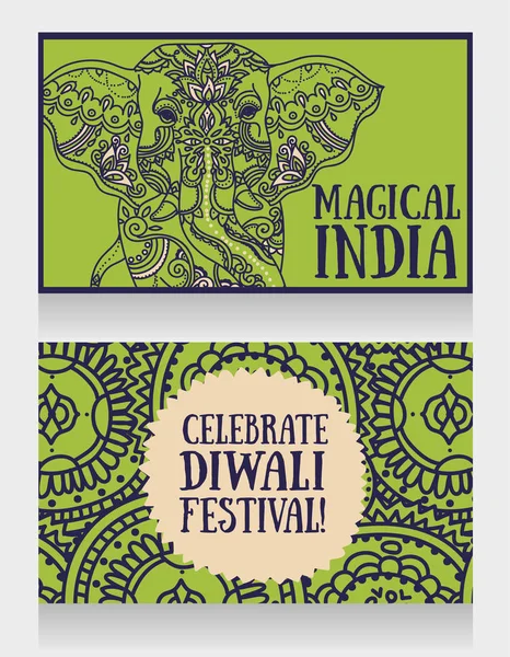 Tarjetas para el festival diwali con elefante indio y hermoso adorno — Archivo Imágenes Vectoriales