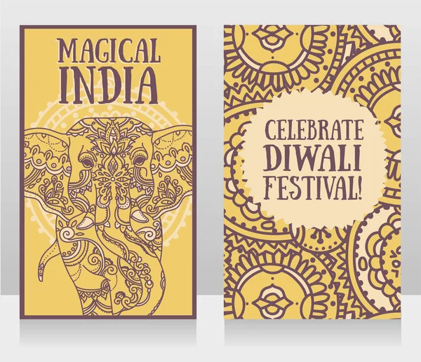 Karten für Diwali-Fest mit indischen Elefanten und schönen Ornamenten — Stockvektor