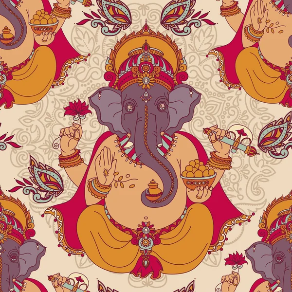 Modello senza cuciture con Lord Ganesha e ornamento paisley — Vettoriale Stock