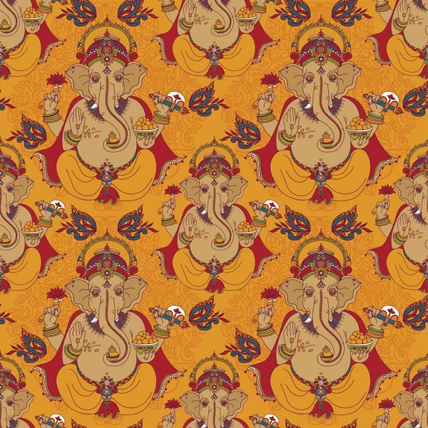 Modello senza cuciture con Lord Ganesha e ornamento paisley — Vettoriale Stock