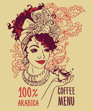 güzel bir Afrikalı-Amerikalı kadın ve kahve fincanı ile banner