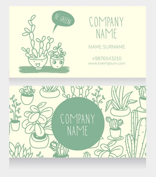 Template for business cards with cute potted plants with funny cartoon faces and speech bubble — Stock Vector